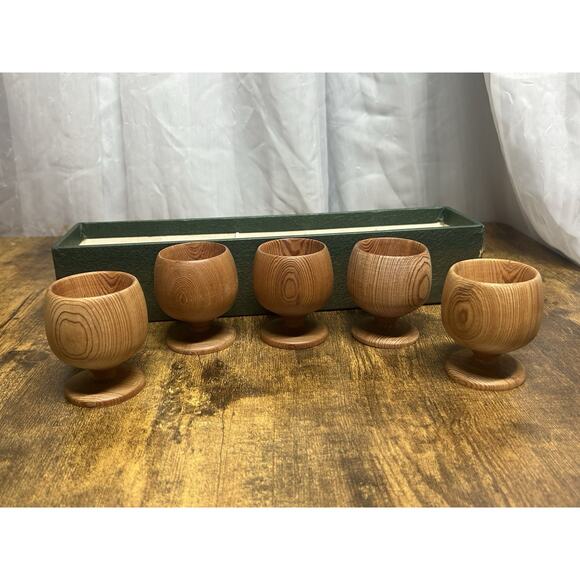 Vtg Japanese Yakusugi Cedar Sake Cups Set (5) Handcrafted Wood Japan Ochoko - Picture 2 of 9